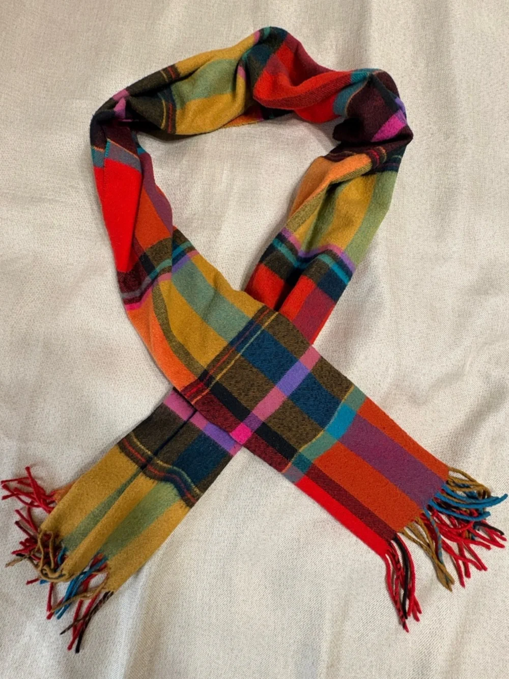 Bright Plaid Fringe Scarf Multicolor Tartan 15”x64”
